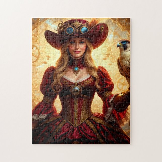 Time Traveling Steampunk Lady with Falcon Jigsaw Puzzle (Vertical)