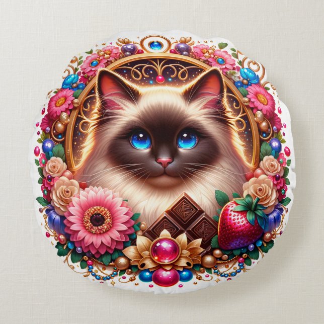 "Time, Treats, and Whiskers" Round Pillow (Front)
