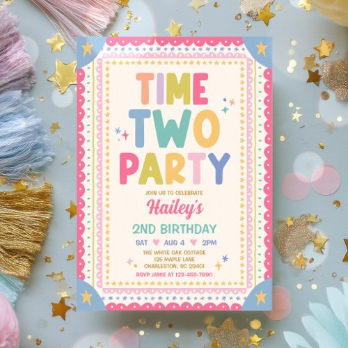 Time Two Party Whimsical Girl 2nd Birthday Party Invitation