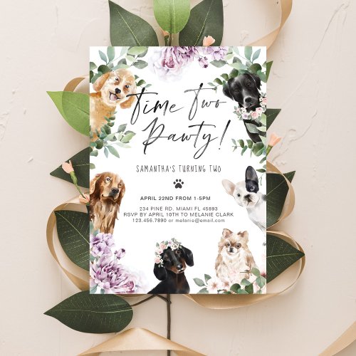 Time Two Pawty Cute Watercolor Dogs Floral Garden Invitation