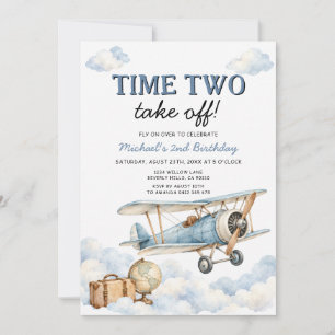 Time Two Take Off Vintage Airplane 2nd Birthday Invitation