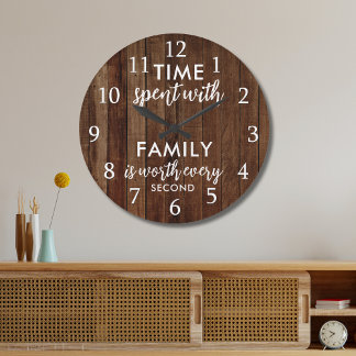 Time With Family Quote Typography Rustic Dark Wood Large Clock