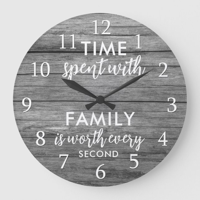 Time With Family Quote Typography Rustic Gray Wood Large Clock (Front)