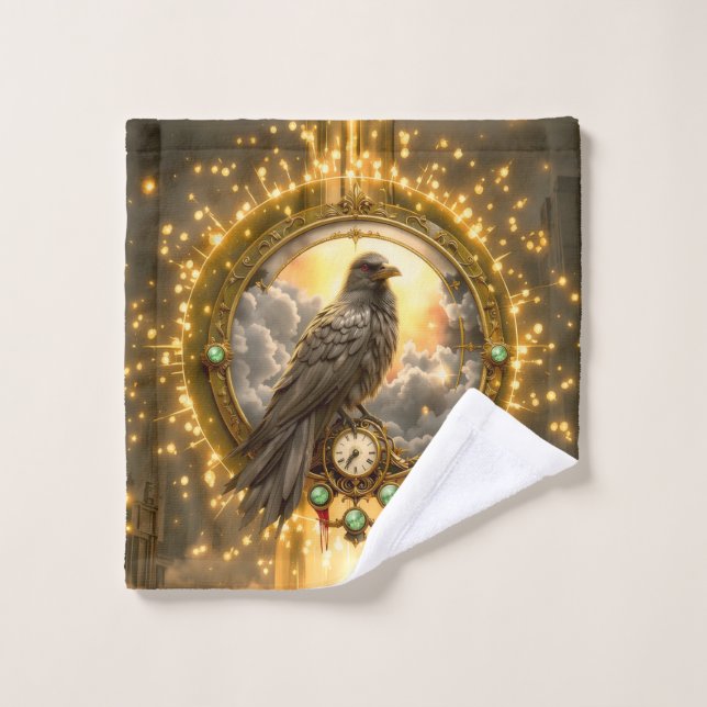 Timekeeper Raven – Gothic Clockwork  Bath Towel Set (Wash Cloth)