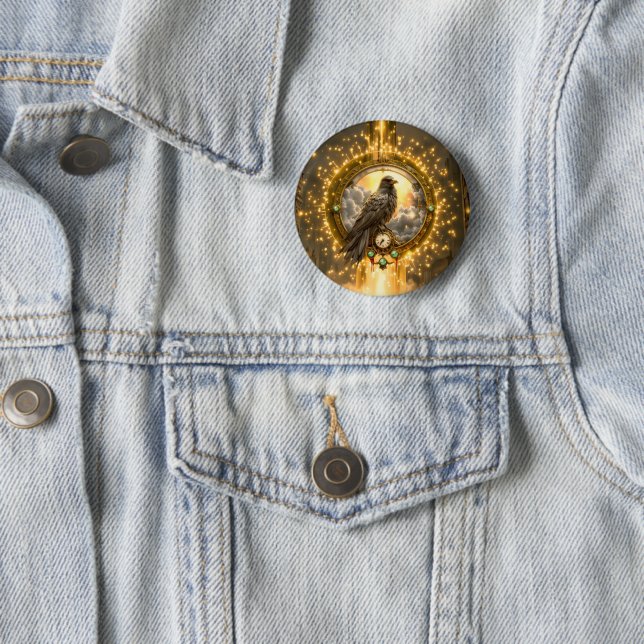 Timekeeper Raven – Gothic Clockwork  Button (In Situ)