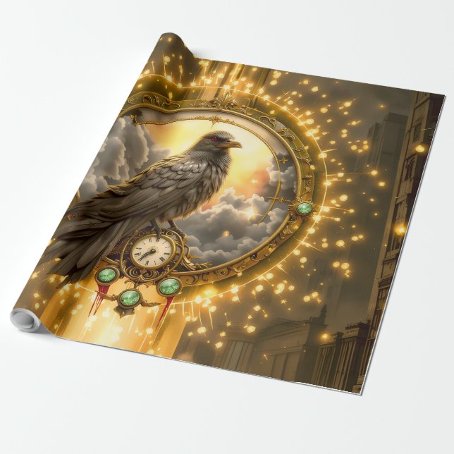 Timekeeper Raven – Gothic Clockwork  Wrapping Paper (Unrolled)