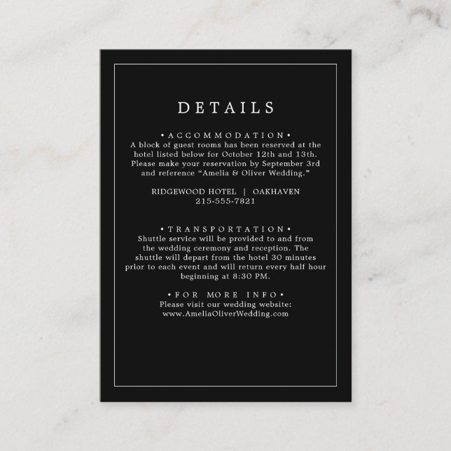 Timeles Dark Black Minimalist Wedding Details  Enclosure Card (Front)