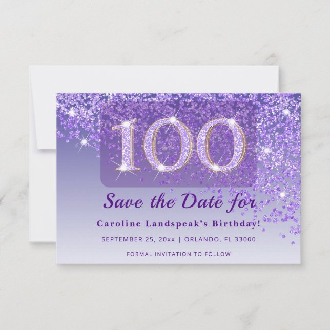 Timeless 100th Birthday Purple Glitter Frosted  Save The Date (Front)
