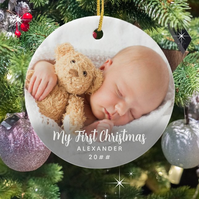 Timeless and Iconic My First Christmas Ceramic Ornament (Front shown. Personalize with your child's photo on the front AND back. Add a name and year. )