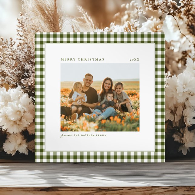 Timeless and Simple Green Gingham Family Photo Holiday Card (Creator Uploaded)