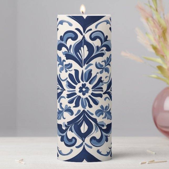 Timeless Andalusian Mosaic Art ,Blue and White Pillar Candle (In Situ)