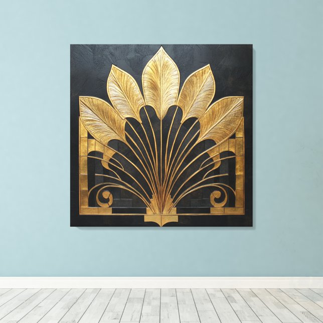 Timeless Art Deco Gold Feather Fan on Faux Texture Canvas Print (Insitu(Wood Floor))