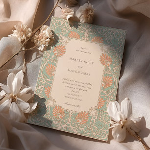 Timeless Art Nouveau Seafoam and Peach Wedding Invitation