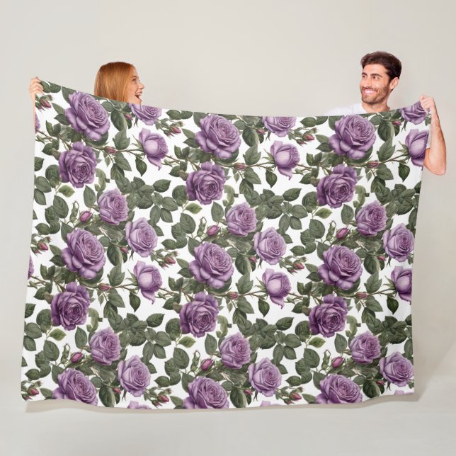 "Timeless Beauty: Purple Provincial Vintage Roses" Fleece Blanket (In Situ)