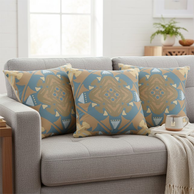 Timeless Beige Gold Blue Diamond Geometric Throw Pillow (Simple but classy, these colors blend into almost any home and look great.)