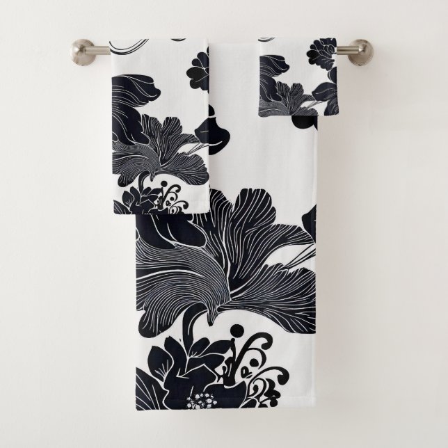 Timeless Black and White Elegant Florals Bath Towel Set (Insitu)