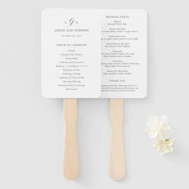 Timeless Black and White Elegant Wedding Program Hand Fan (Front and Back)