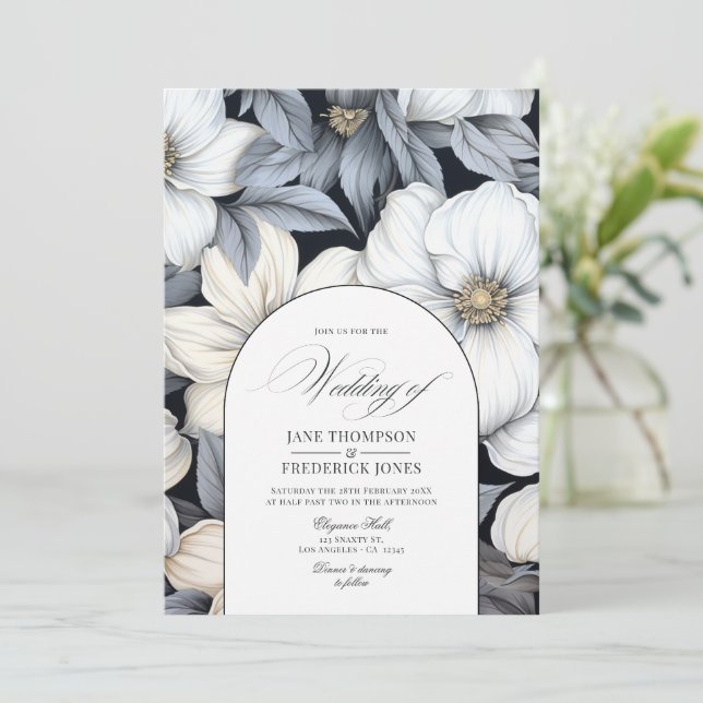 Timeless Black and White Floral Wedding Invitation (Standing Front)