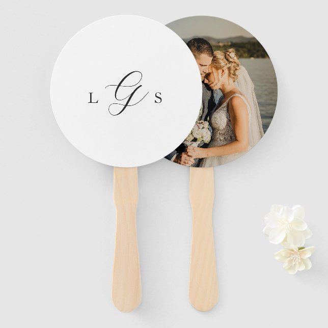 Timeless Black and White Monogram Elegant Wedding Hand Fan (Front and Back)