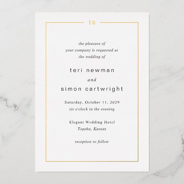 Timeless Black and White Monogram Modern Wedding Foil Invitation (Front)
