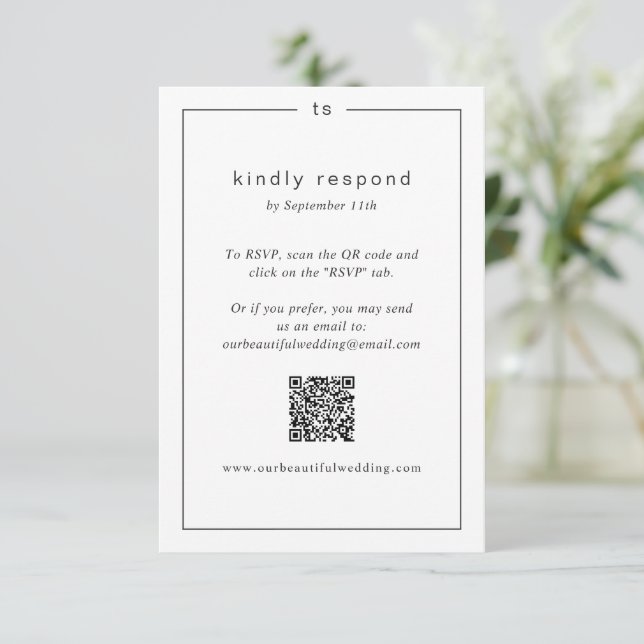 Timeless Black and White Monogram Modern Wedding RSVP Card (Standing Front)
