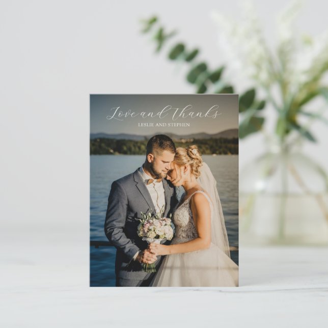 Timeless Black and White Photo Elegant Wedding Thank You Card (Standing Front)