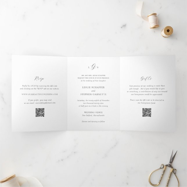 Timeless Black and White QR Code Elegant Wedding Tri-Fold Invitation (Inside)
