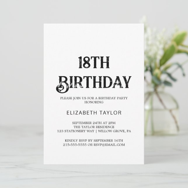 Timeless Black Calligraphy 18th Birthday  Invitation (Standing Front)