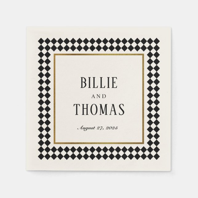 Timeless Black Checkerboard Frame Wedding Napkins (Front)