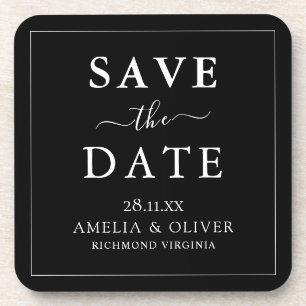 Timeless Black Minimalist Wedding Save The Date Beverage Coaster