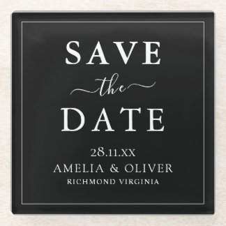 Timeless Black Minimalist Wedding Save The Date Glass Coaster
