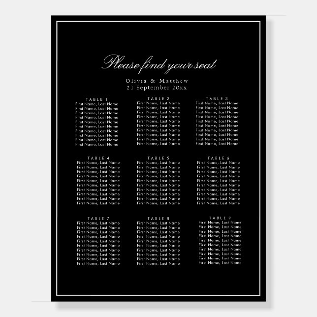 Timeless Black Minimalist Wedding Seating Chart Foam Board (Front)