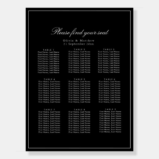 Timeless Black Minimalist Wedding Seating Chart Foam Board (Front)