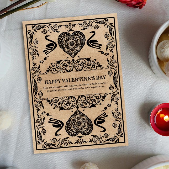 Timeless Black Ornate Swan Mandala Heart  Holiday Card (Framed in mandala hearts and floral scrolls, this card whispers of unity and eternal love.)