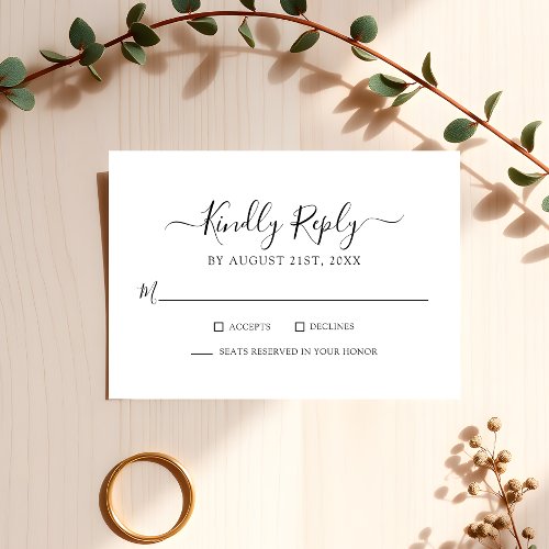 Timeless Black Script on White Minimalist Wedding RSVP Card