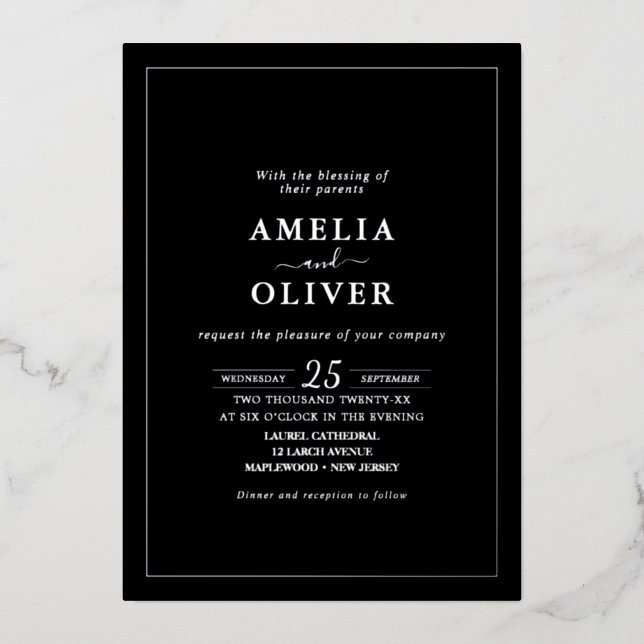 TIMELESS Black & Silver Minimalist Wedding Design Foil Invitation (Front)