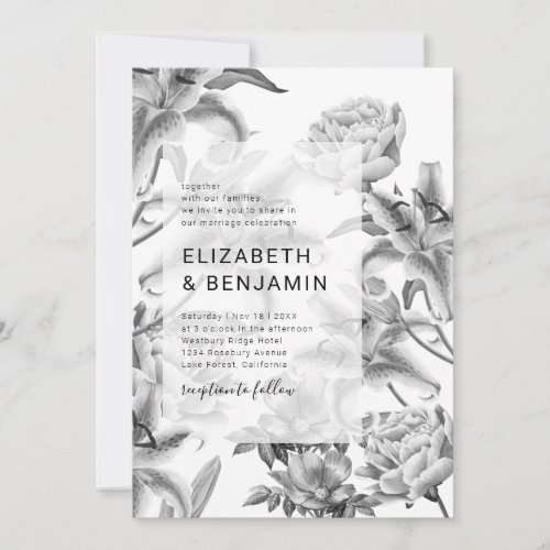 Timeless Black White Floral Wedding Invitation - Vintage chic black & white wedding invitations featuring elegant grayscale watercolor lillies, peonies, & other florals, and a modern wedding template that can easily be personalized.