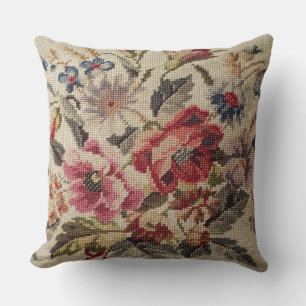 Timeless Bloom: Vintage Needlepoint Floral Throw P Pillow