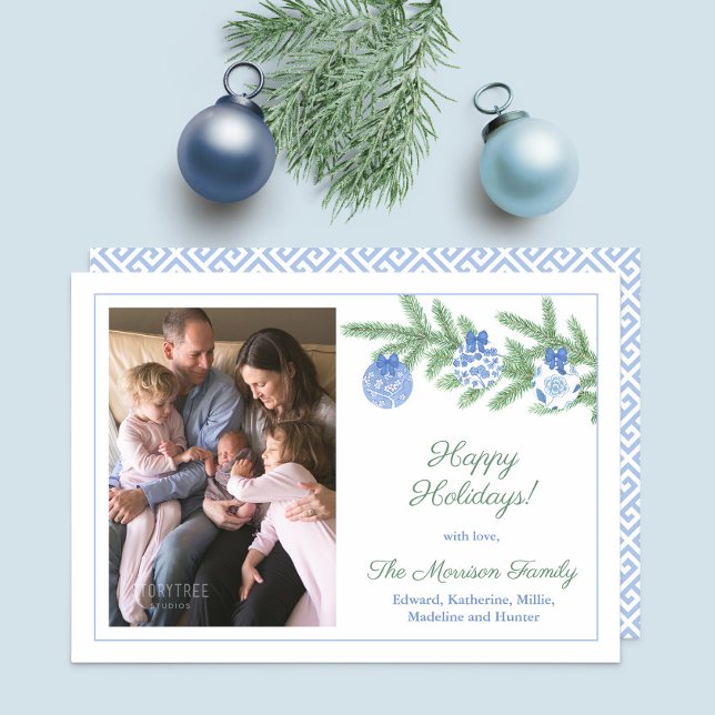 Timeless Blue And White Ginger Jar Ornaments Photo Holiday Card (Blue and white chinoiserie baubles on fir tree branch Happy Holidays photo Christmas card)