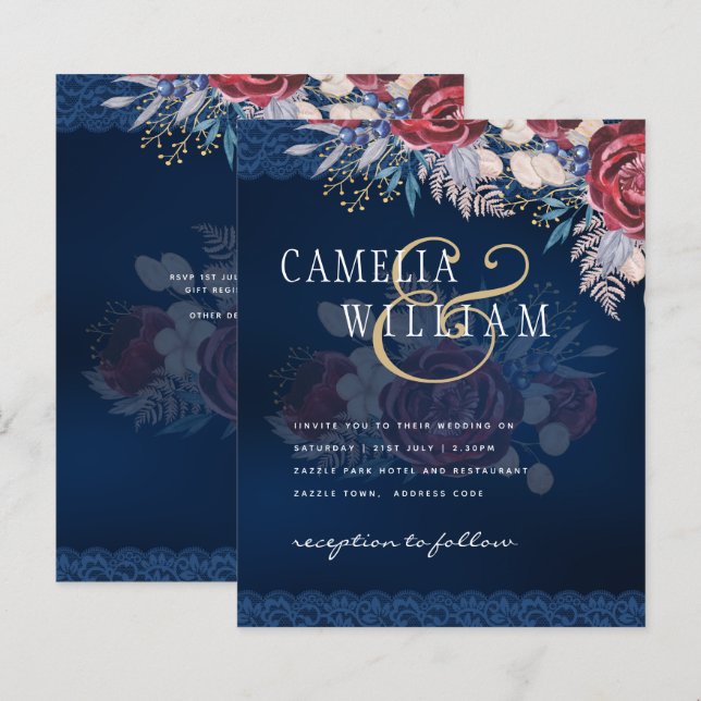 Timeless Blue Burgundy Floral Lace Wedding (Front/Back)
