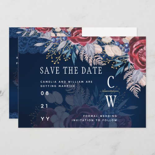 Timeless Blue Burgundy Floral Lace Wedding Save The Date