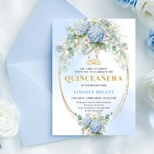 Timeless Blue Floral Gold Quinceañera Invitation