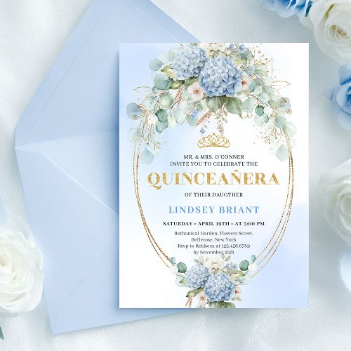 Timeless Blue Floral Gold Quinceañera Invitation