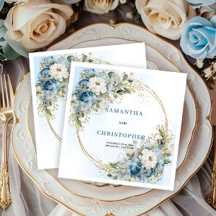 Timeless Blue Floral Gold Wedding Napkins