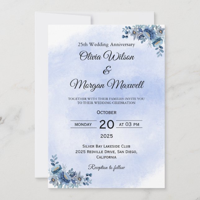 Timeless Blue Floral Wedding Anniversary  Invitation (Front)