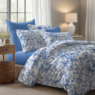 Timeless Blue French Toile Roses Floral Duvet Cove Cover