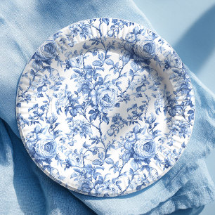 Timeless Blue French Toile Roses Floral Paper Plat Plates