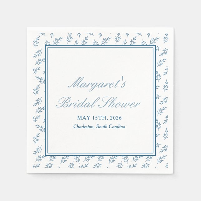 Timeless Blue Garden Elegant Classic Bridal Shower Napkins (Front)