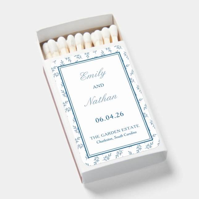 Timeless Blue Garden Elegant Classic Wedding  Matchboxes (Front Open)