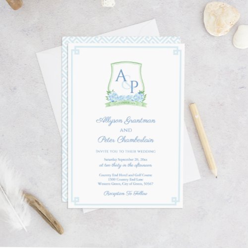 Timeless Blue Green Botanical Crest Wedding Invitation